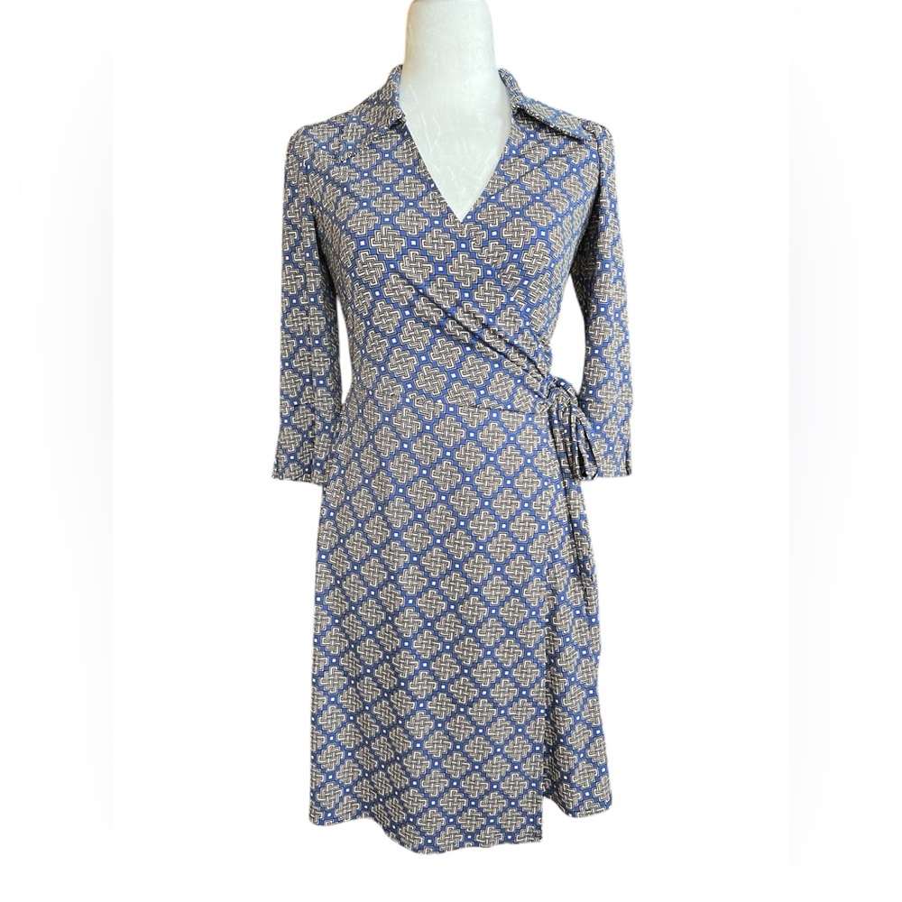 Laundry by Shelli Segal Wrap Dress XS Blue White, Greek Key Pattern - Picture 2 of 8